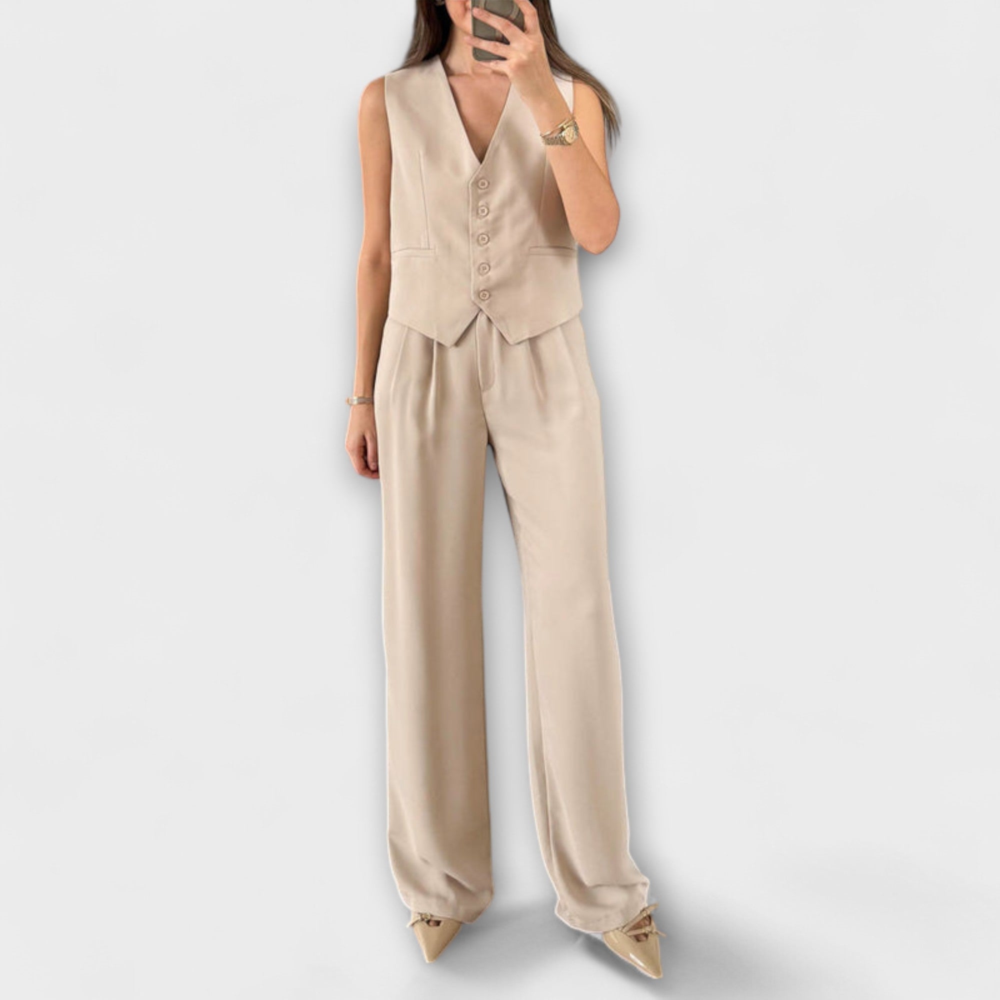 Hazel - Conjunto de dos piezas de chaleco y pantalones de color sólido con escote en V