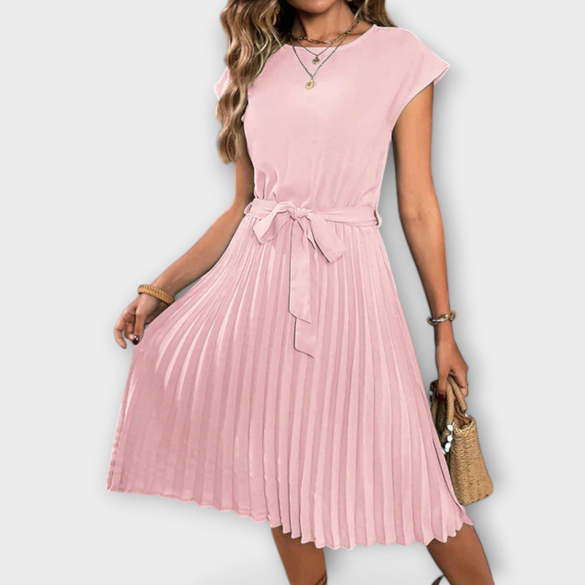 Claire - Vestido midi casual de manga corta y plisado