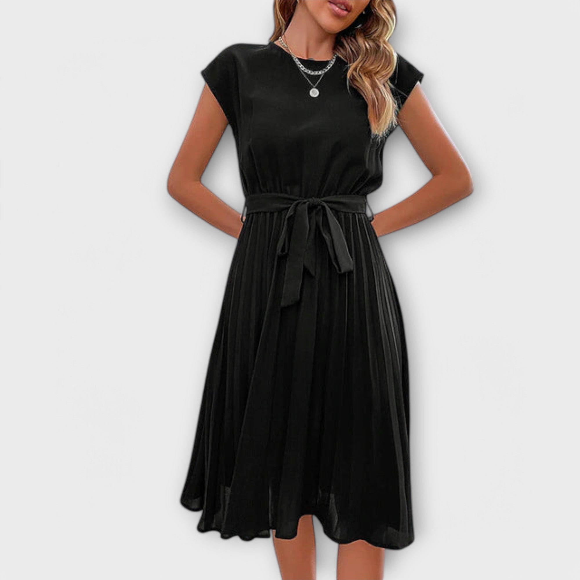 Claire - Vestido midi casual de manga corta y plisado