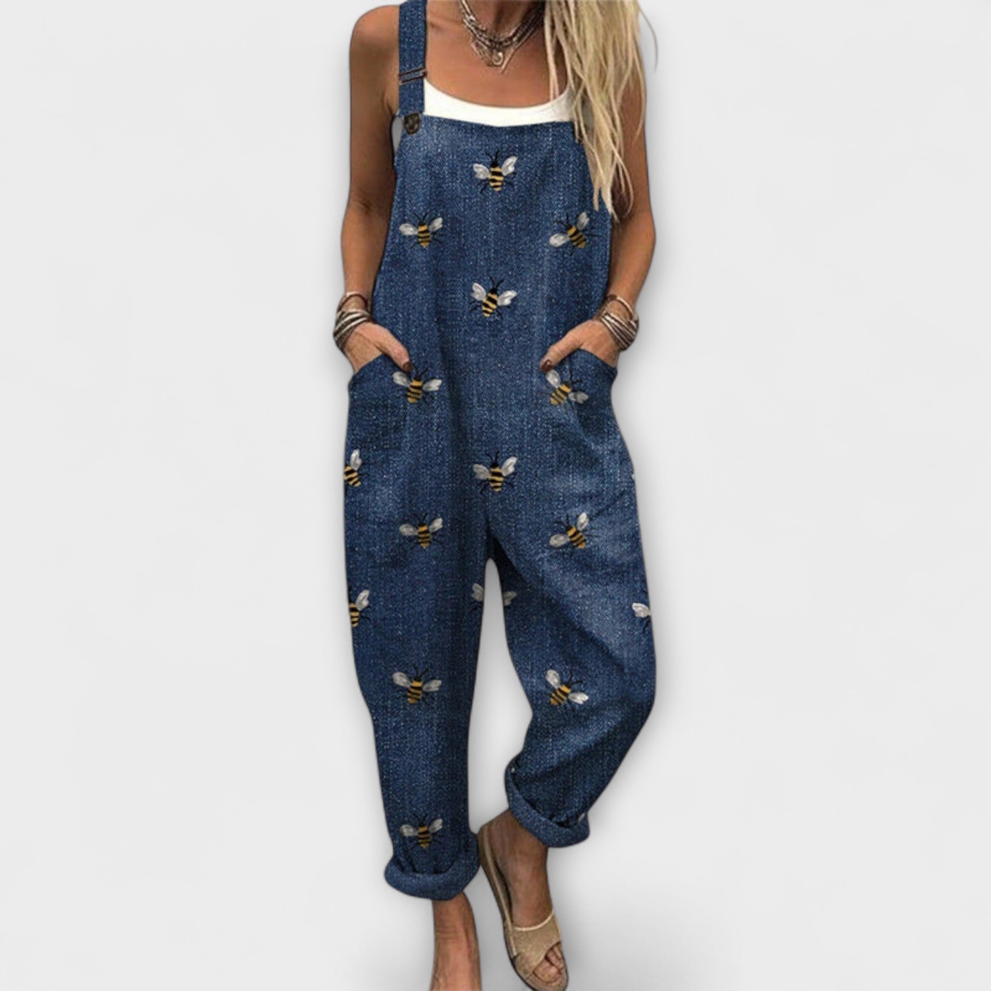 Laurine - Pantalones de tirantes con bordado de abejas