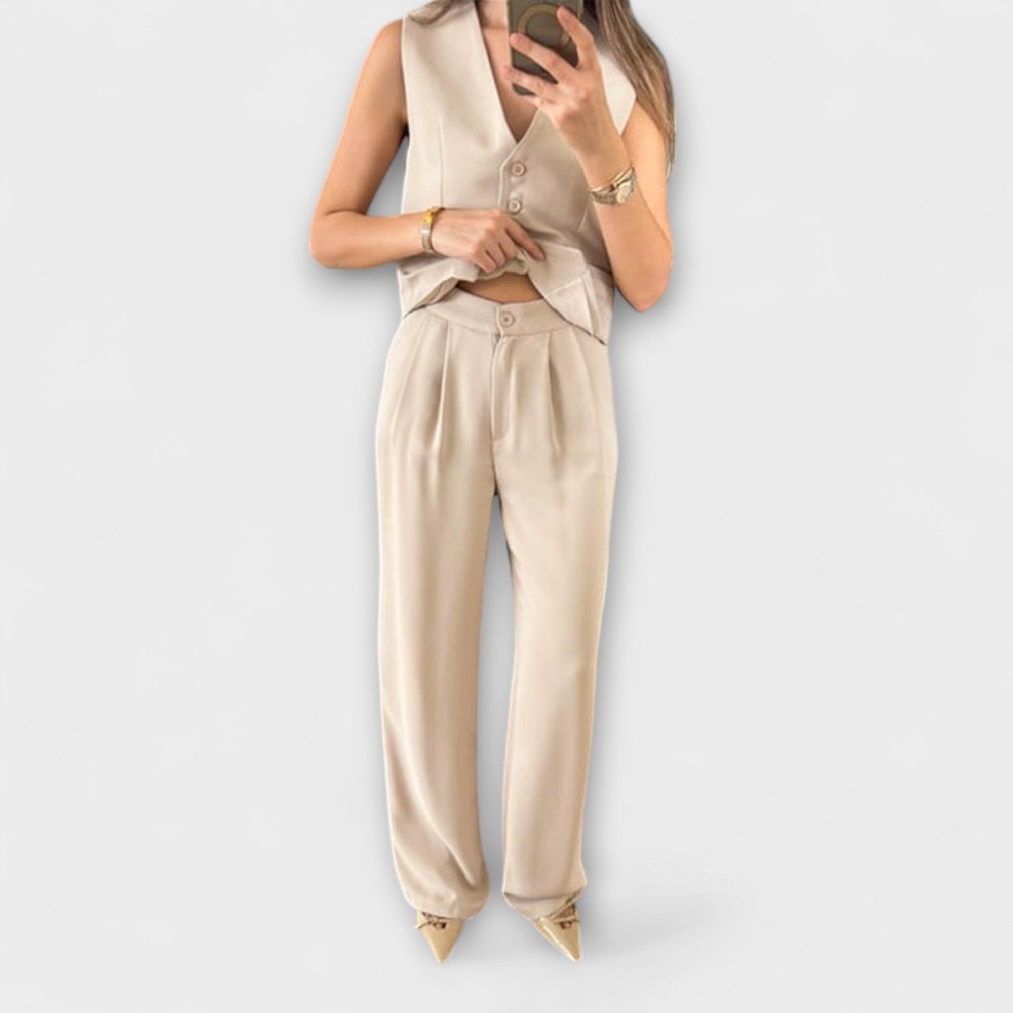 Hazel - Conjunto de dos piezas de chaleco y pantalones de color sólido con escote en V