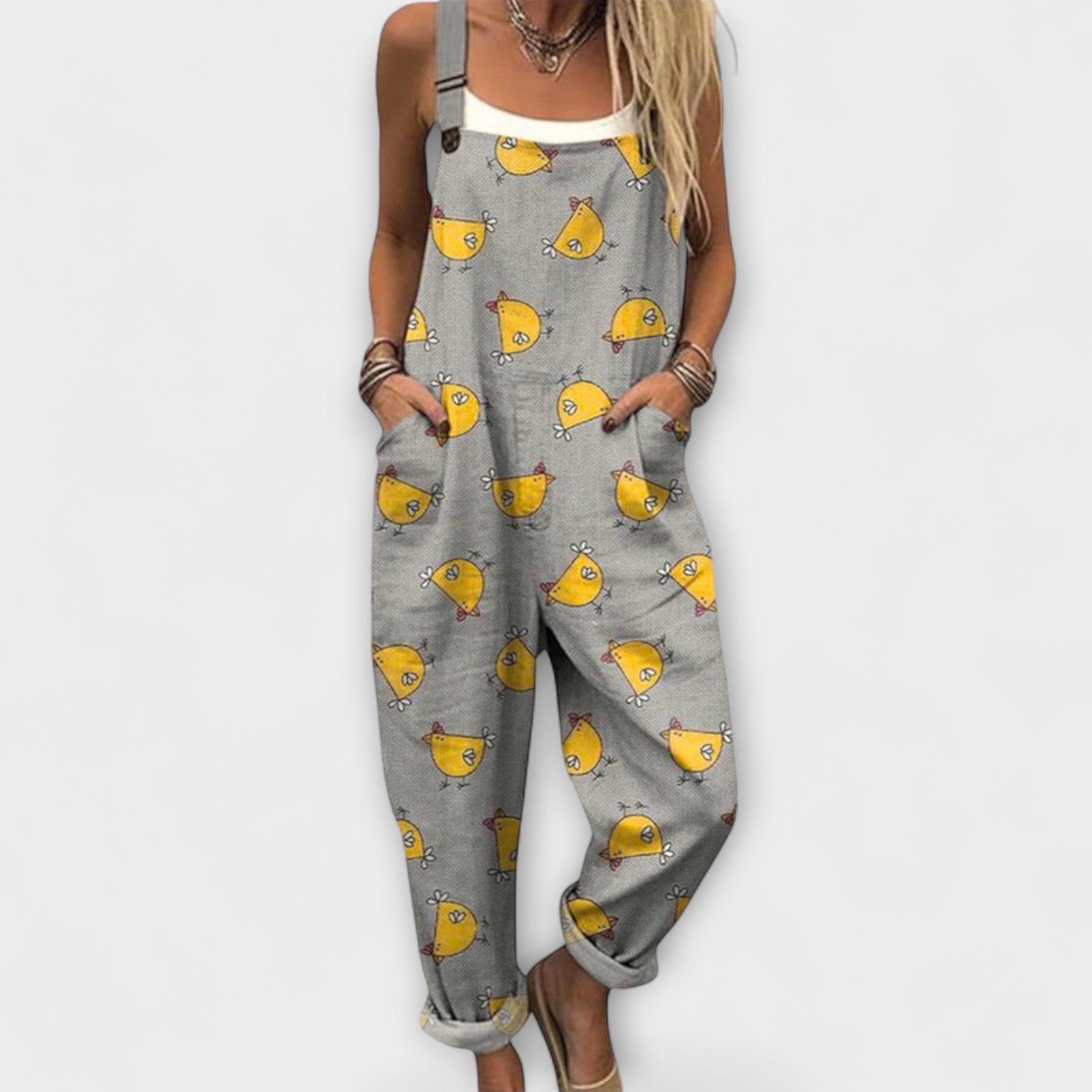 Aurore - Pantalones de tirantes juguetones con pollitos traviesos
