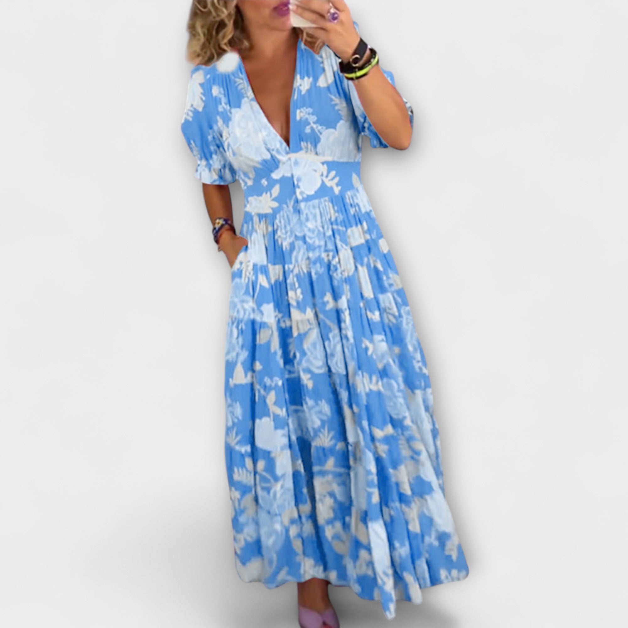Catrisa - Vestido de Bolsillo con Estampado Floral y Escote en V
