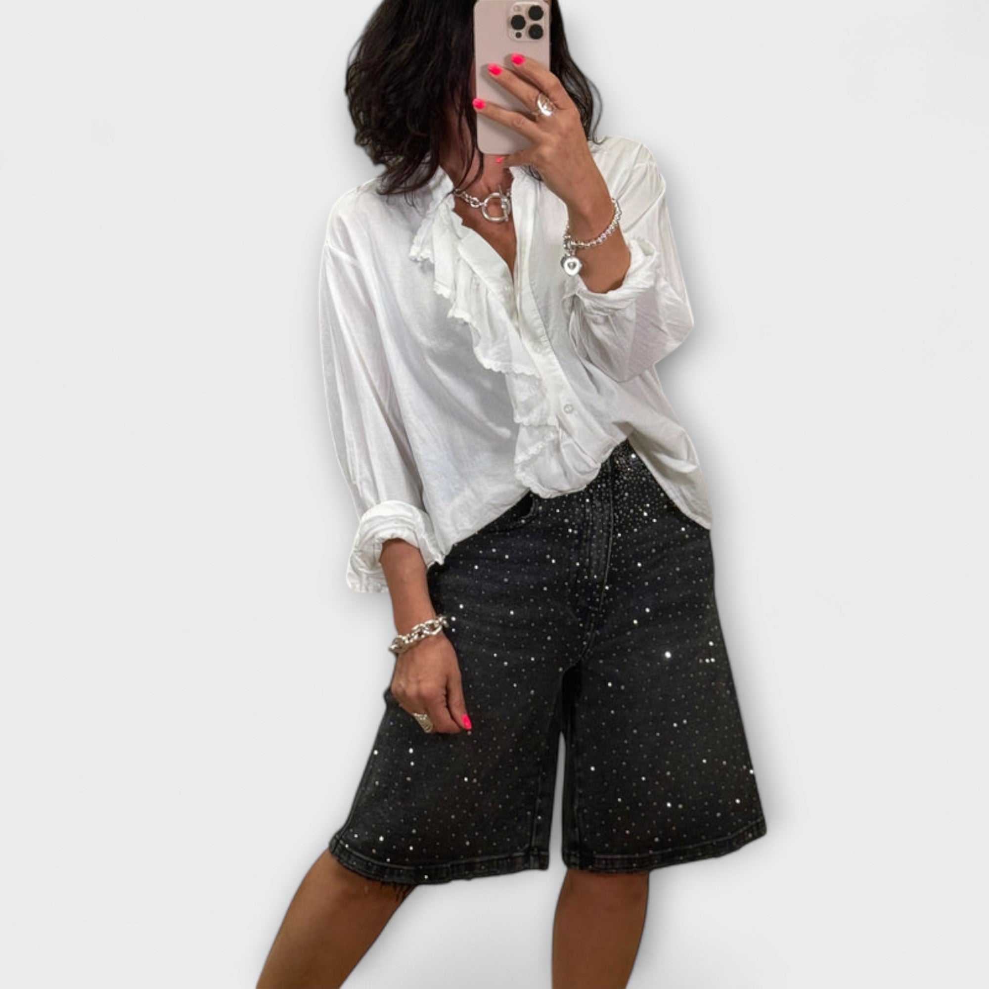 Amaris - Pantalones cortos tipo bermuda con adornos de strass