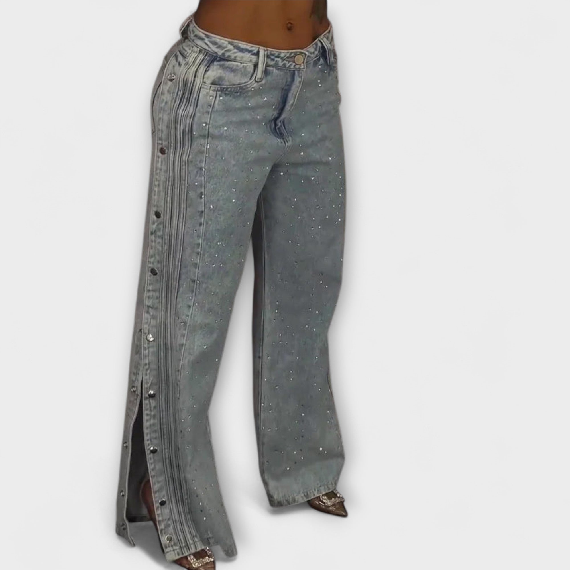 Nola - Jeans de tiro alto adornados con strass y botones laterales
