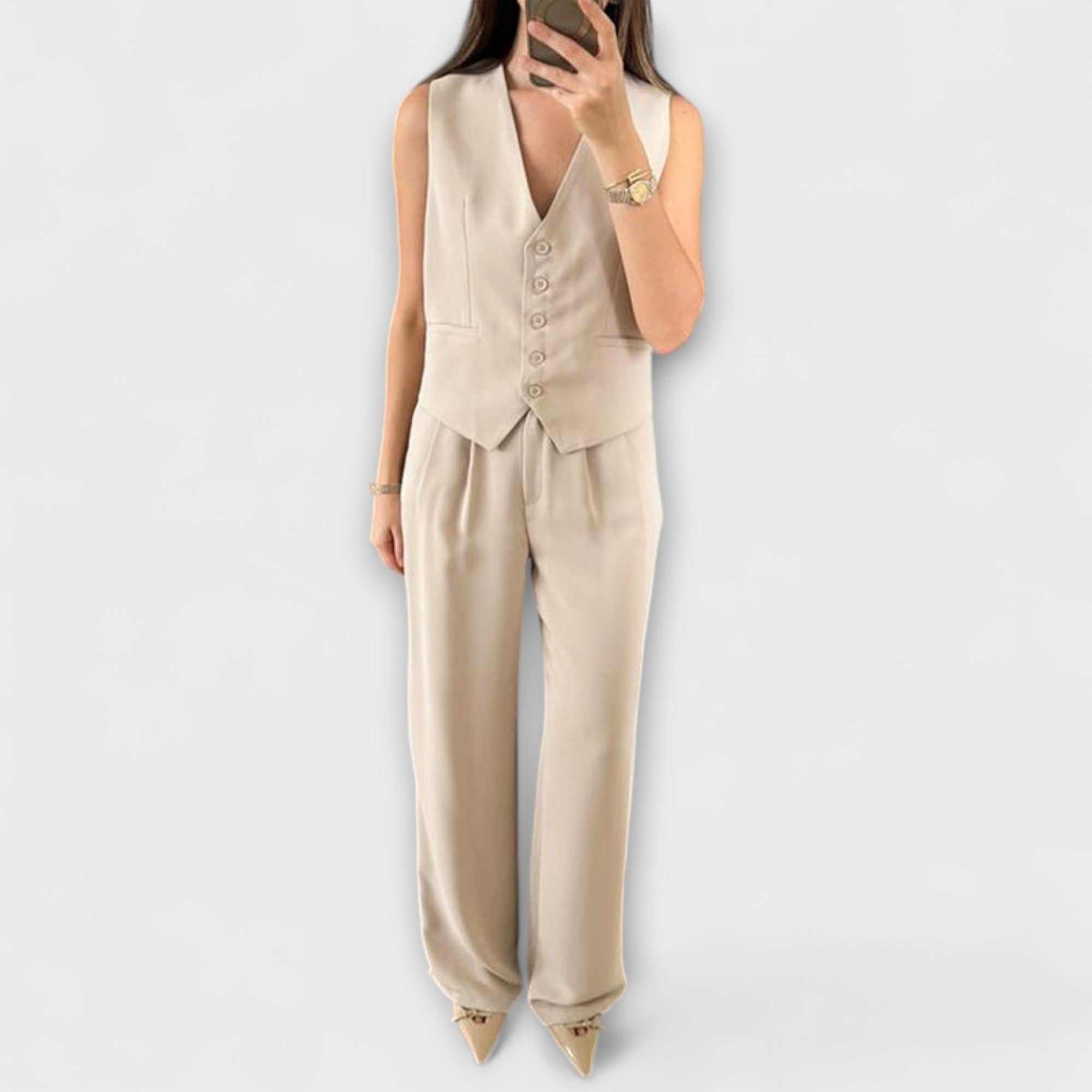 Hazel - Conjunto de dos piezas de chaleco y pantalones de color sólido con escote en V