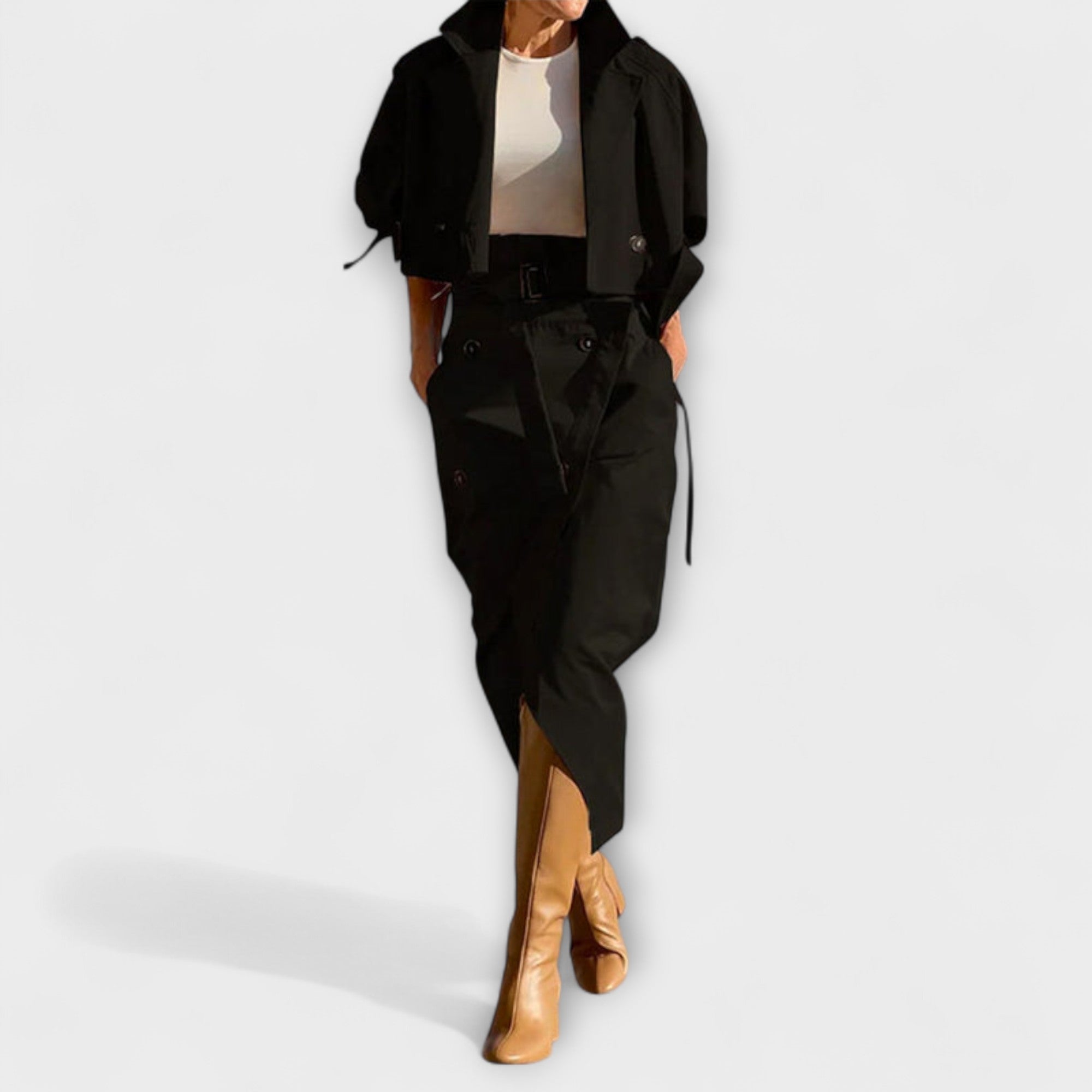 Lyra - Elegante chaqueta midi con falda y bolsillos