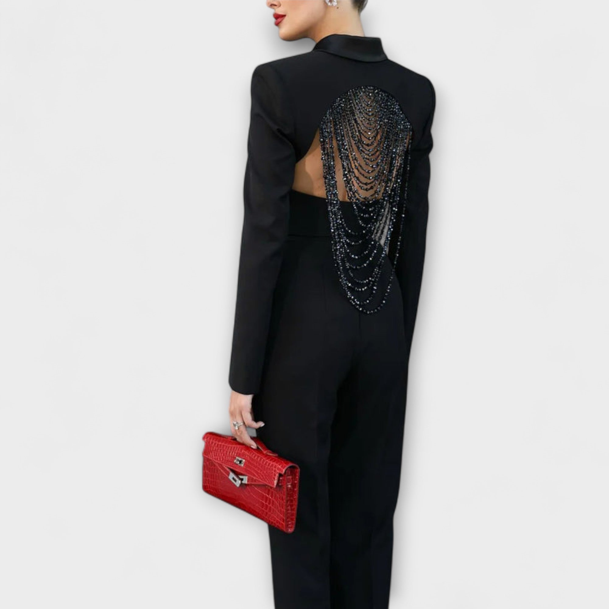 Noa - Conjunto Corto de Blazer Espalda Descubierta con Perlas Negras