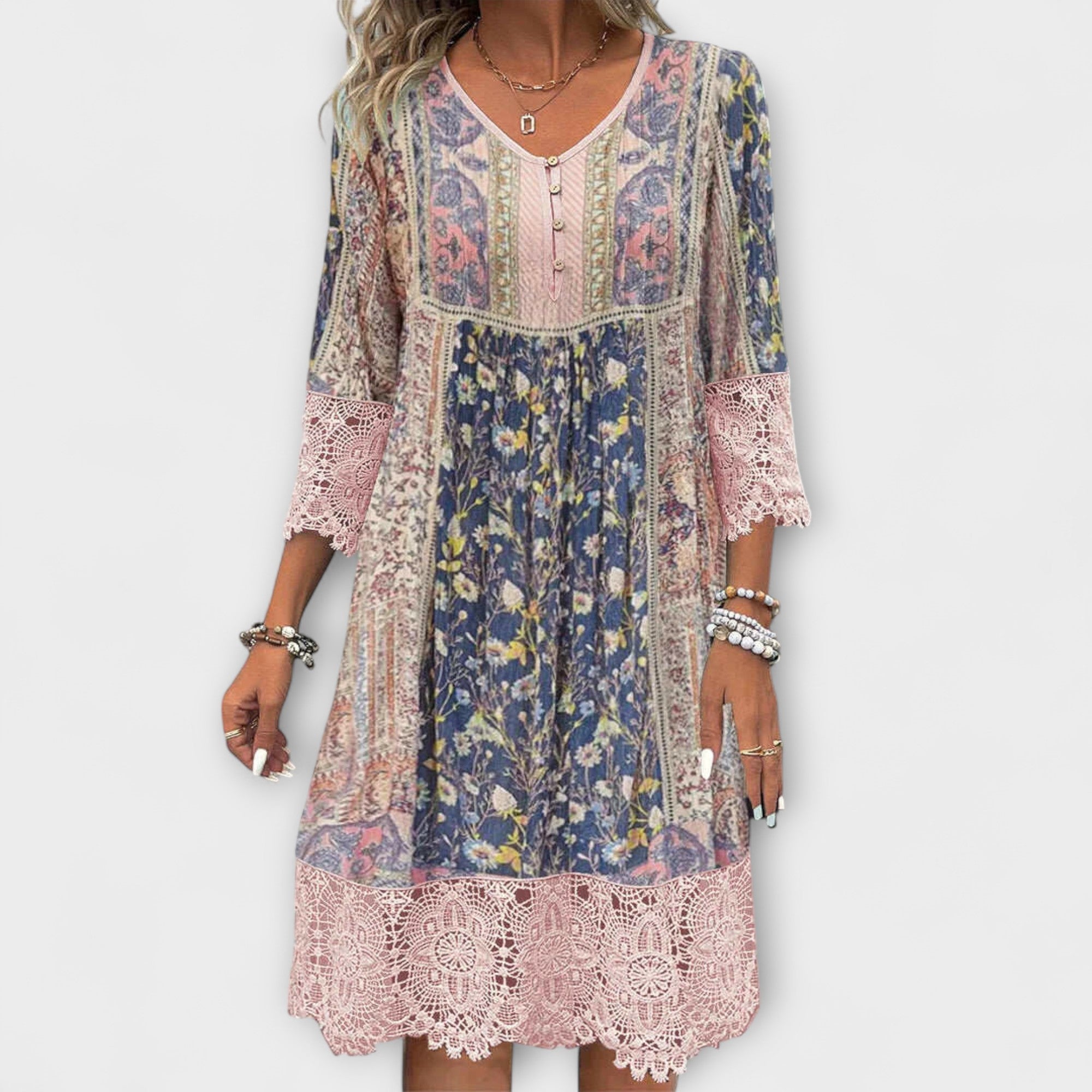 Casey - Vestido Boho con encaje y estampado de flores vintage