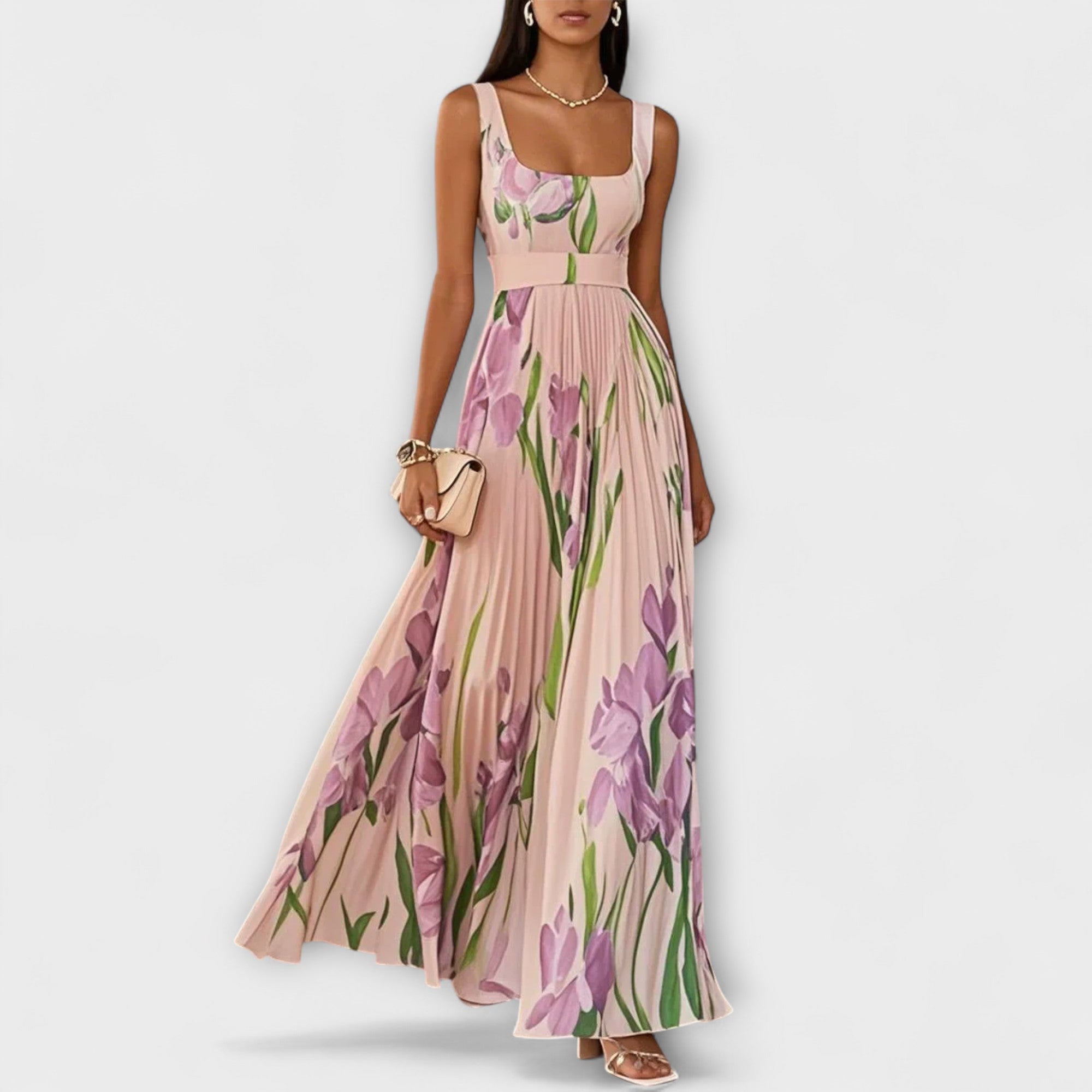 Vestido Maxi de Chifón Floral Doblado