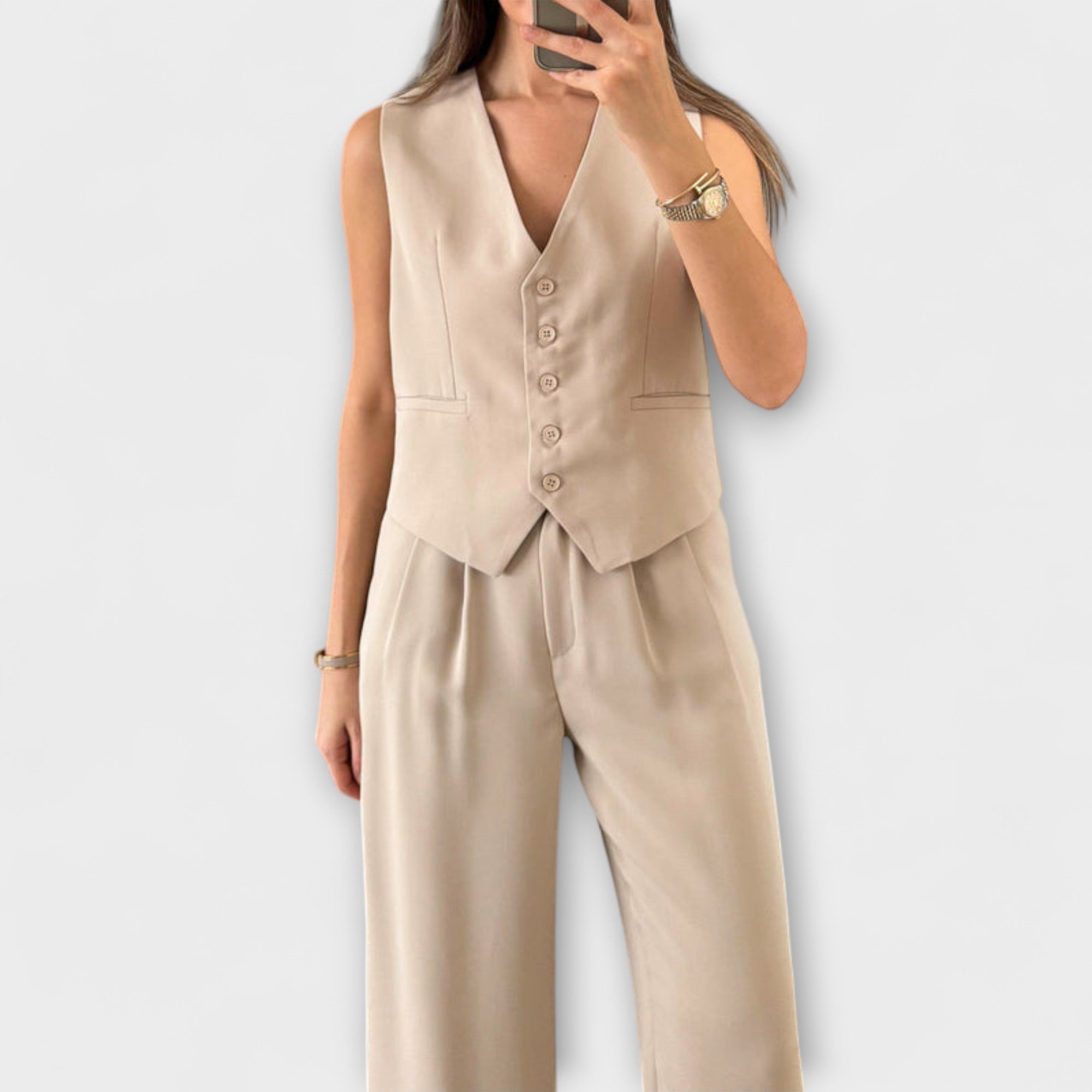 Hazel - Conjunto de dos piezas de chaleco y pantalones de color sólido con escote en V