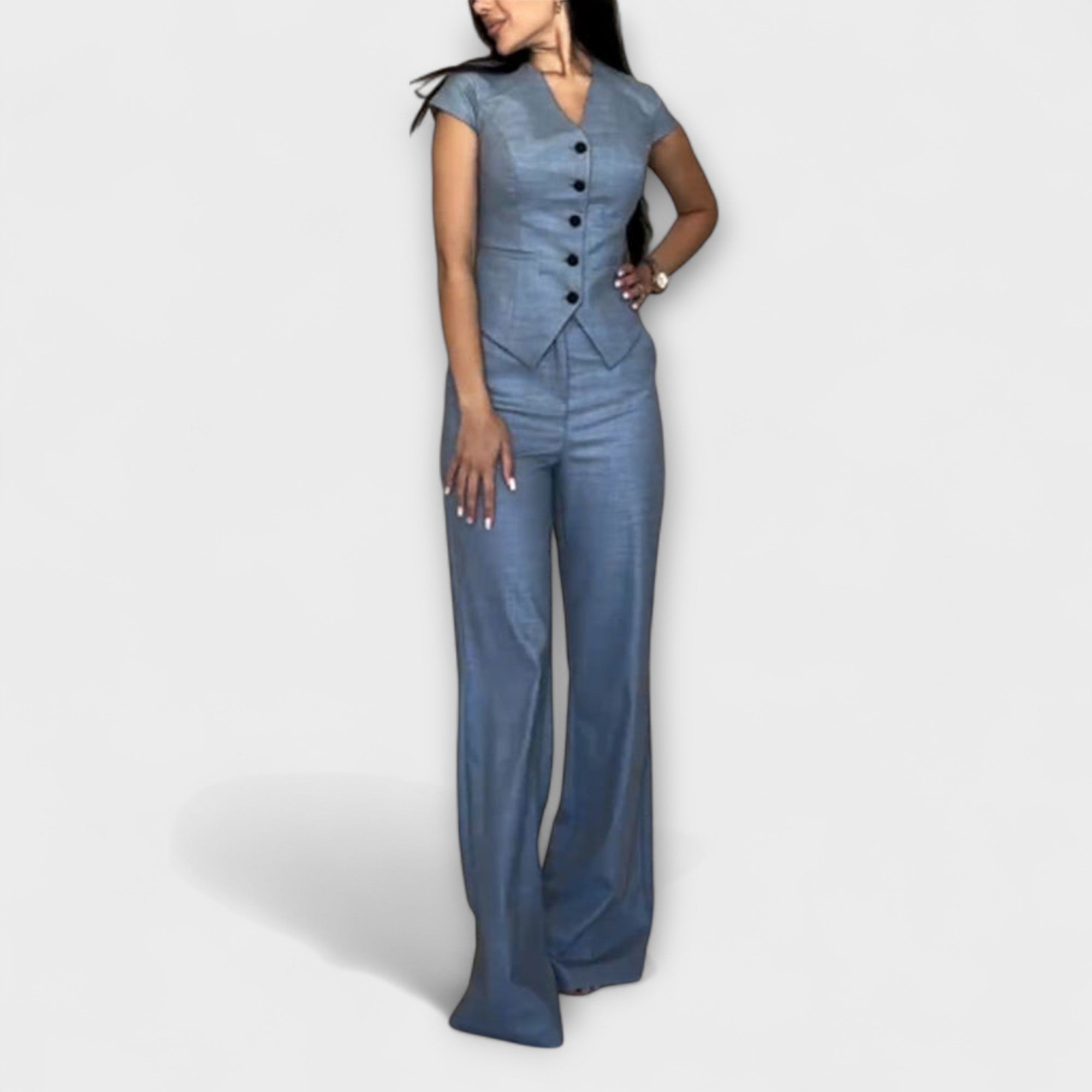 Ivy - Conjunto de top y pantalones con escote en V elegante