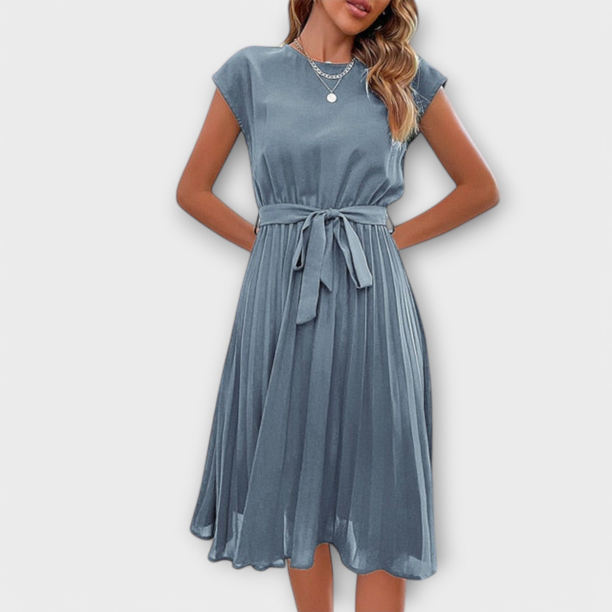 Claire - Vestido midi casual de manga corta y plisado
