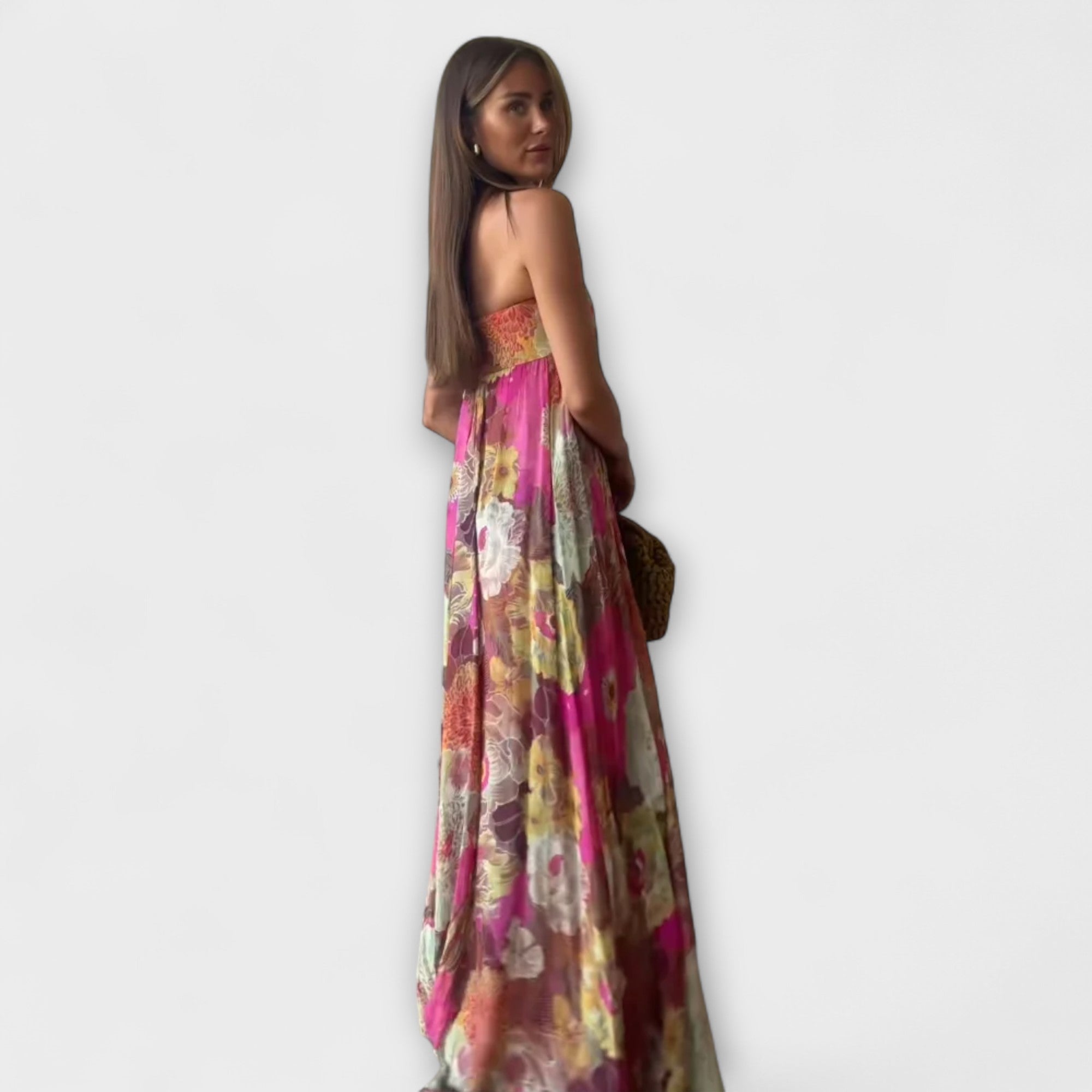 Elegante Vestido Maxi Plisado Sin Tirantes