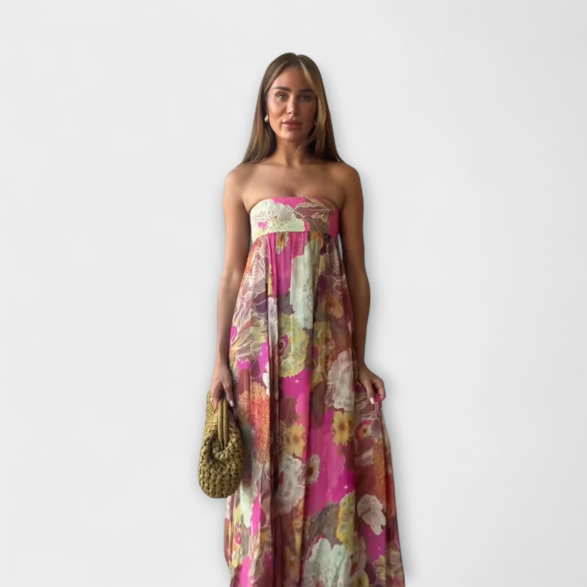 Elegante Vestido Maxi Plisado Sin Tirantes