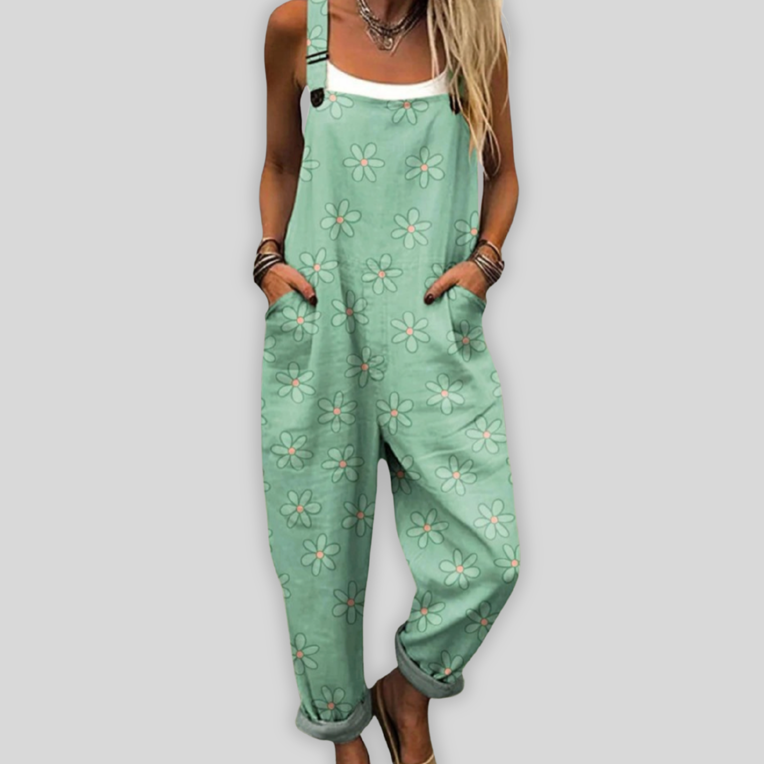 Maëlys - Pantalón de tirantes verde con estampado de flores
