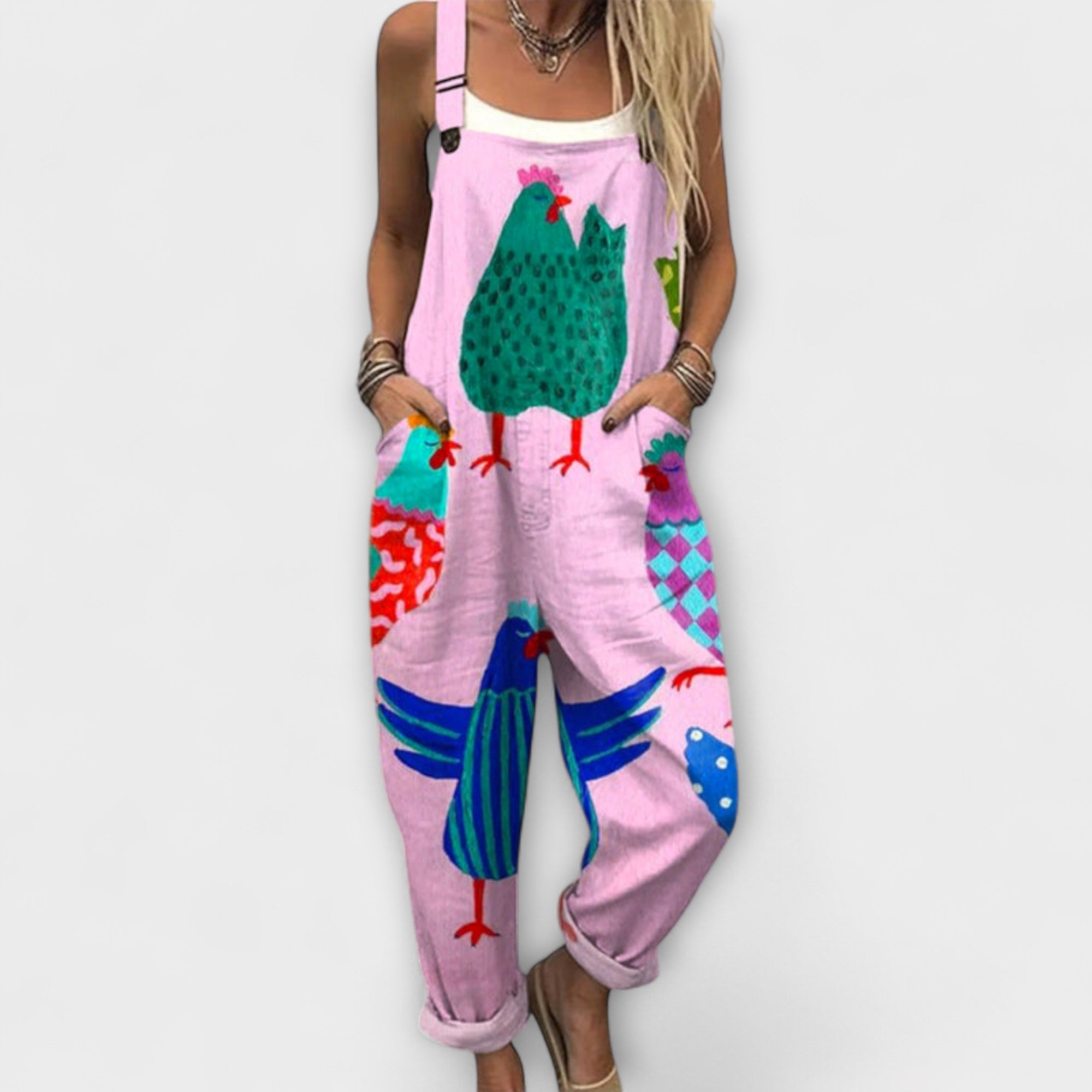 Birdie - Pantalón de tirantes con gallinas y aves juguetonas