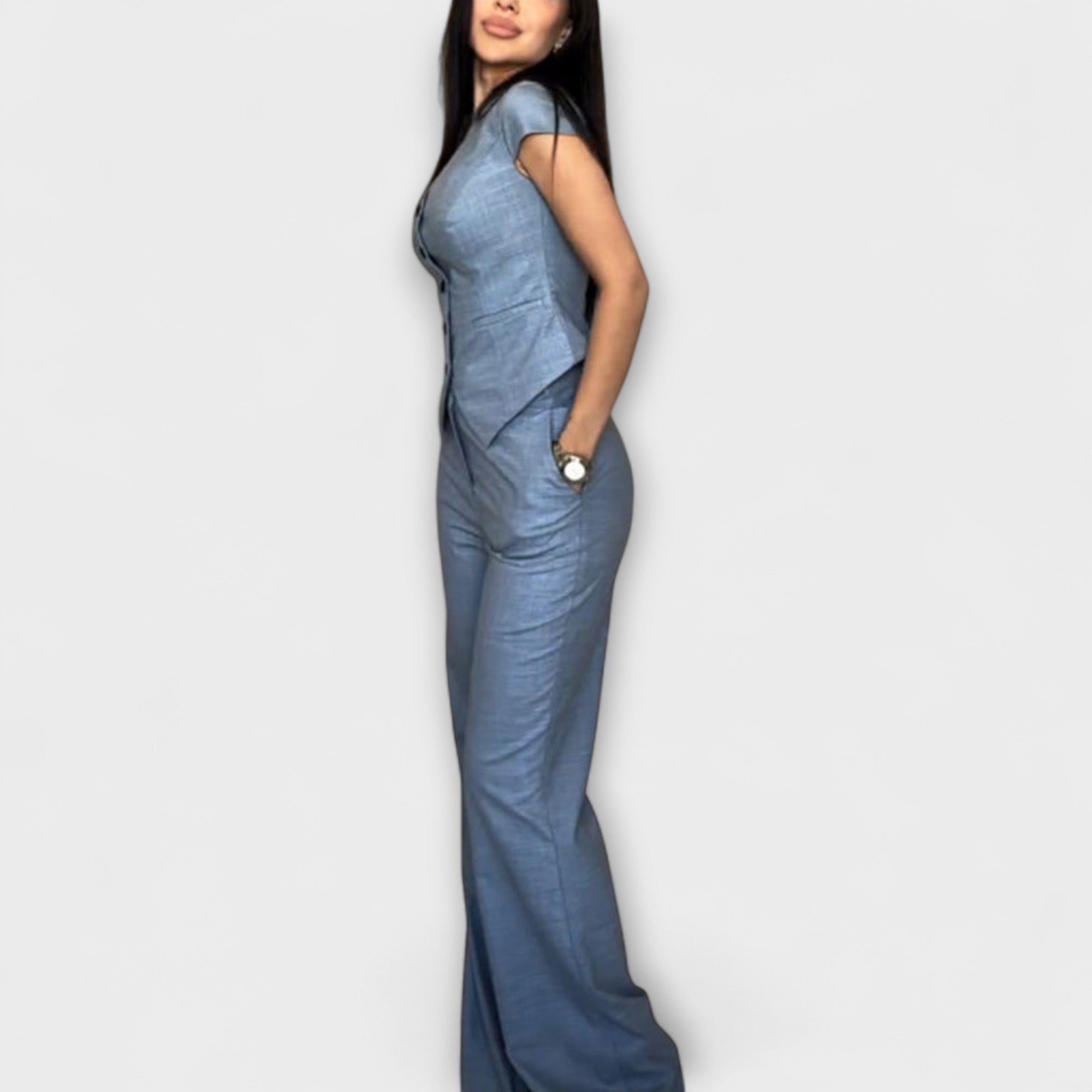 Ivy - Conjunto de top y pantalones con escote en V elegante