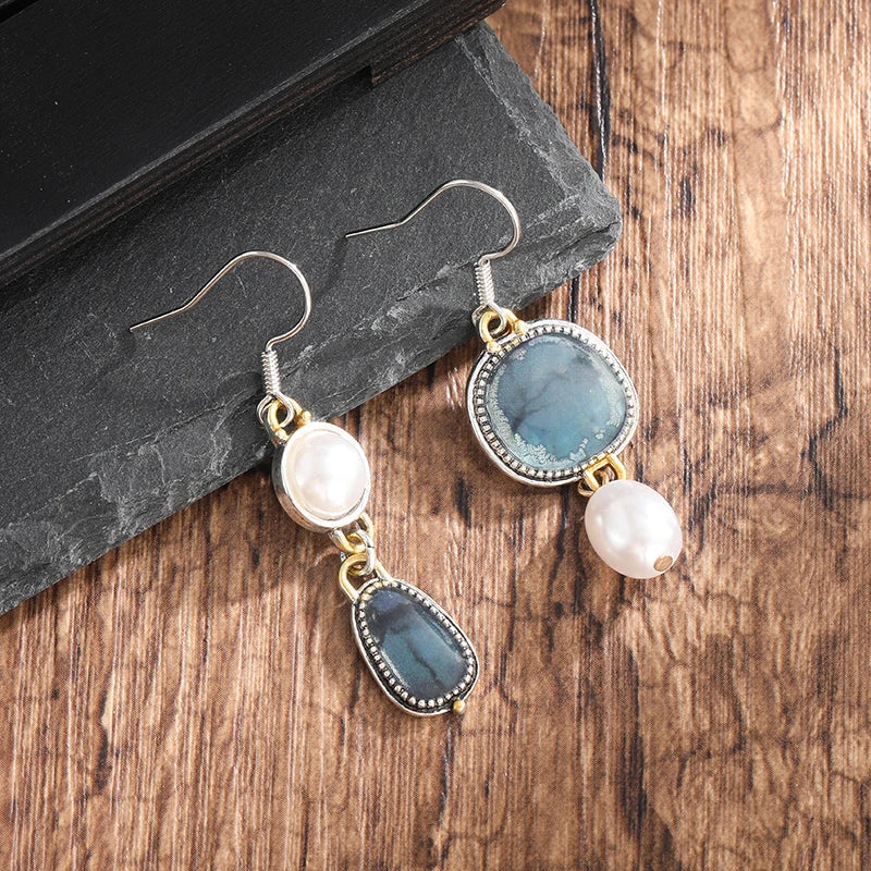 Retro Pendientes de Piedra Natural Azul